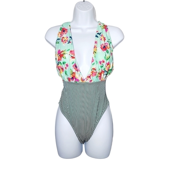 NWT CUPSHE Floral Halter Striped One-Piece - Picture 1 of 9